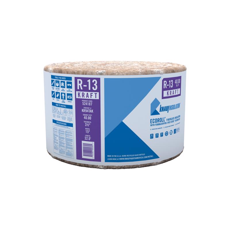 GUARDIAN BUILDING PROD KR94E/Takfiberglass Ecoroll Fiberglass Insulation, Series: Ecoroll, Kraft Faced, R13 R Value, 3-1/2 In Thickness, 15 In Width, 32' Length, 40 Sq' Coverage, Brown, Standards: Greenguard Certified, Leed Eligible