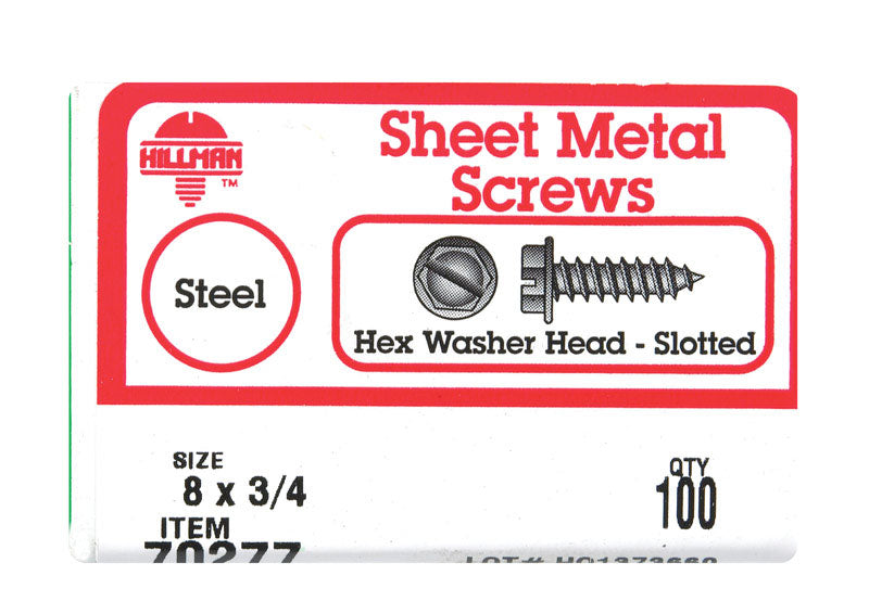 The Hillman Group 70277 8 x 3/4-Inch Hex Washer Head Slotted Sheet Metal Screw, 100-Pack,Zinc