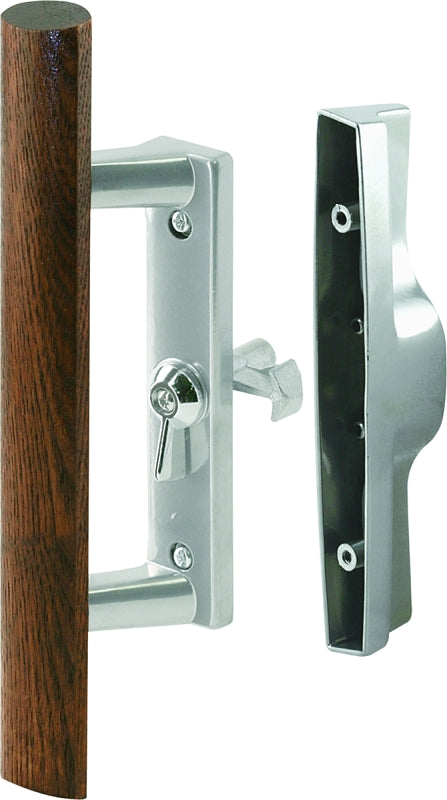 Prime-Line Products C 1018 Sliding Glass Door Handle Set, 3-15/16 in., Diecast & Wood, Aluminum Color, Hook Style, Internal Lock