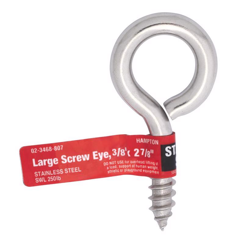 Hampton 3/8 in. Dia. x 2-7/8 in. L Polished Stainless Steel Screw Eye 250 lb. 10 pk