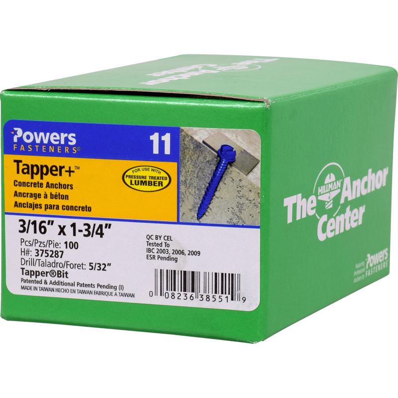 The Hillman Group 375287 Hex Washer, Head Slotted Tapper Concrete Screw Anchor, 3/16 x 1-3/4-Inch, 100-Pack