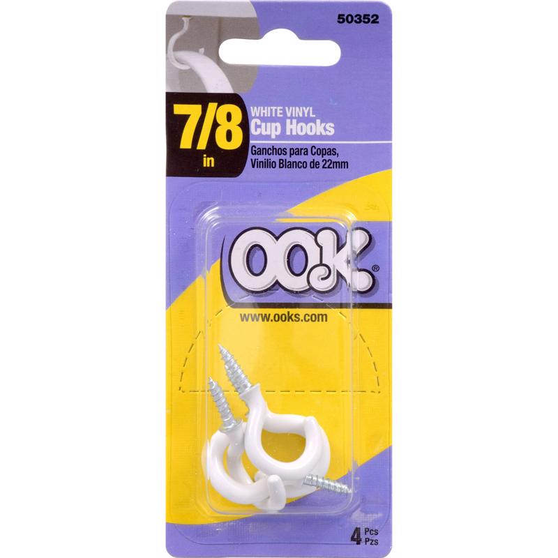 OOK 50352 7/8-Inch 20-Pound White Vinyl-Coated Steel Cup Hooks, 4-Pack