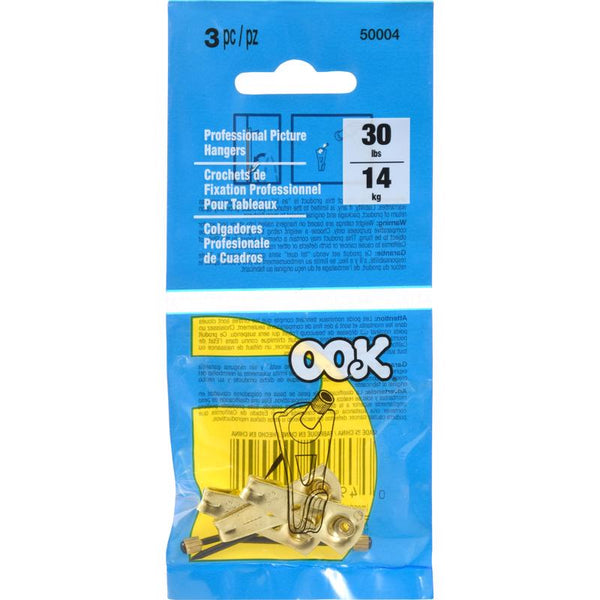 OOK 533008 Professional Picture Hangers, Art Hangers, Brass Finish, Reusable Picture Hooks, 30lb (3 set)