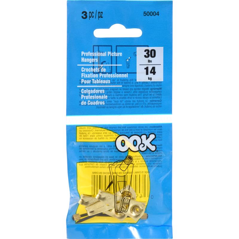 OOK 533008 Professional Picture Hangers, Art Hangers, Brass Finish, Reusable Picture Hooks, 30lb (3 set)