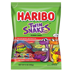 HARIBO Gummi Candy, Twin Snakes Sweet & Sour Gummy Candy, 5 Ounce Share Size Bags (Pack of 12) Delicious Soft & Chewy Snacks, Assorted Fruity Flavors 624670