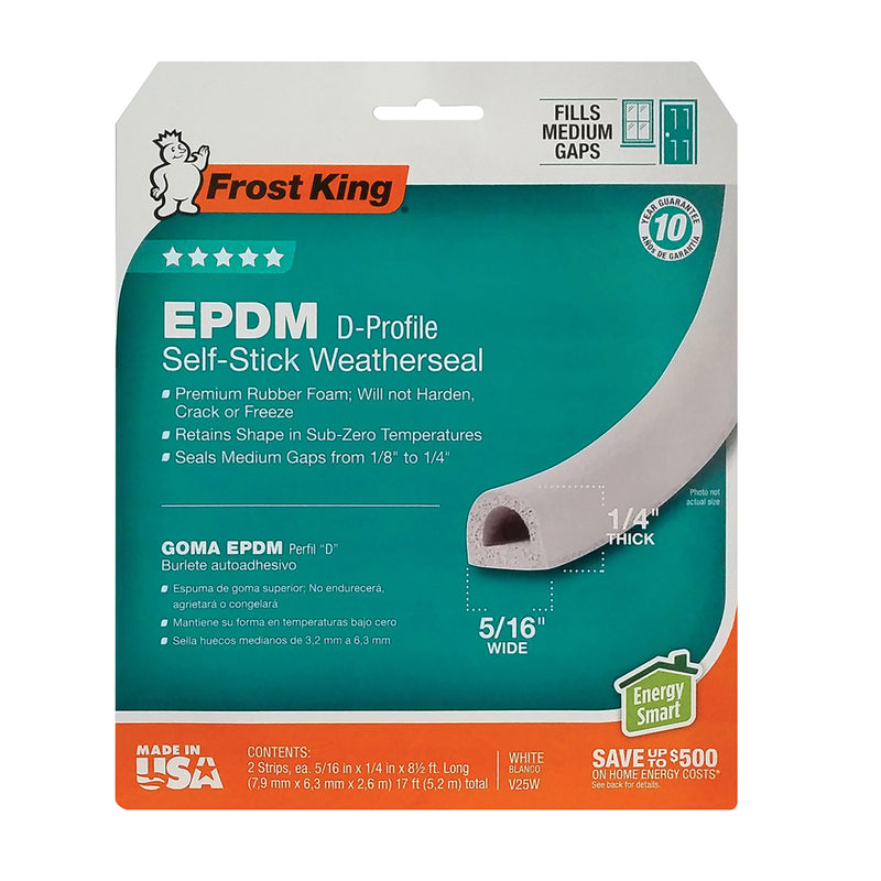 Frost King Weatherseal Tape V25WA, 5/16 in W, 17 ft L, EPDM Rubber, White