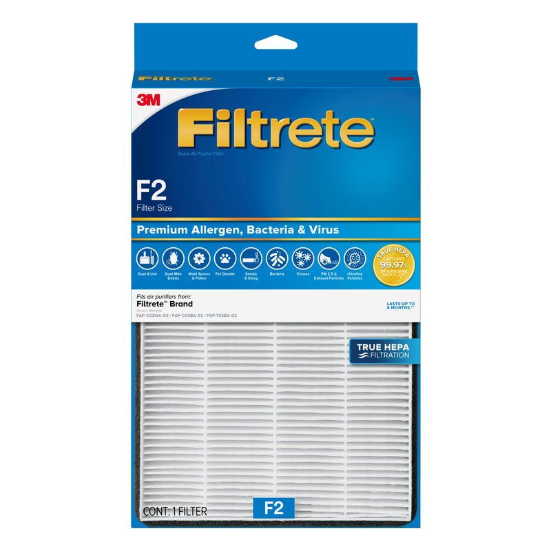 Filtrete F2 Room Air Purifier Filter, True HEPA Premium Allergen, Bacteria, and Virus, 13 in. x 8.2 in., 2-Pack, works with devices: FAP-C02, FAP-C03, FAP-SC02, and FAP-T03