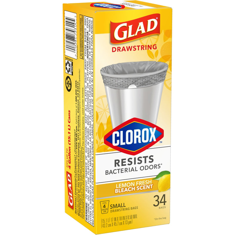 Glad Small Drawstring Trash Bags with Clorox, 4 Gal, Lemon Fresh Bleach, 34 Ct (Package May Vary)
