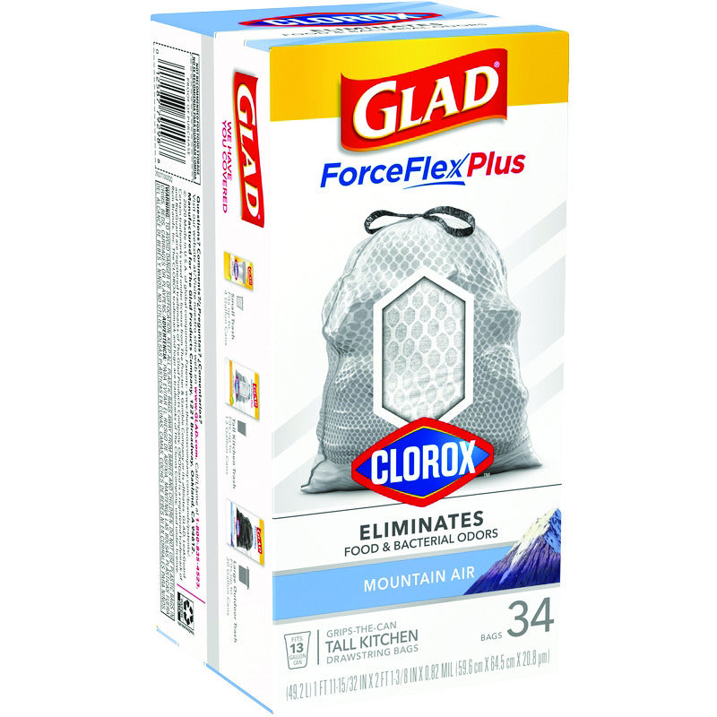 Glad ForceFlex MaxStrength with Clorox Tall Kitchen Trash Bags, 13 Gal, 34 Ct (Package May Vary)