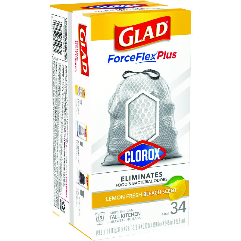 Glad ForceFlex MaxStrength with Clorox Tall Kitchen Trash Bags, 13 Gal, 34 Ct (Package May Vary)