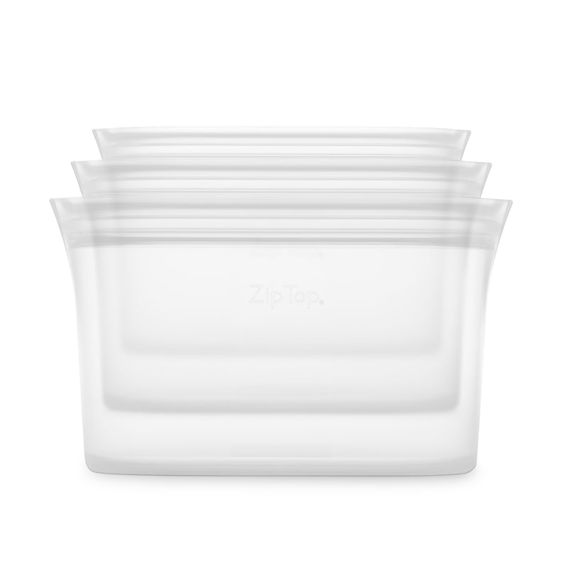 Zip Top Reusable Food Storage Bags | 3 Dish Set [Frost] | Silicone Meal Prep Container | Microwave, Dishwasher and Freezer Safe | Made in the USA