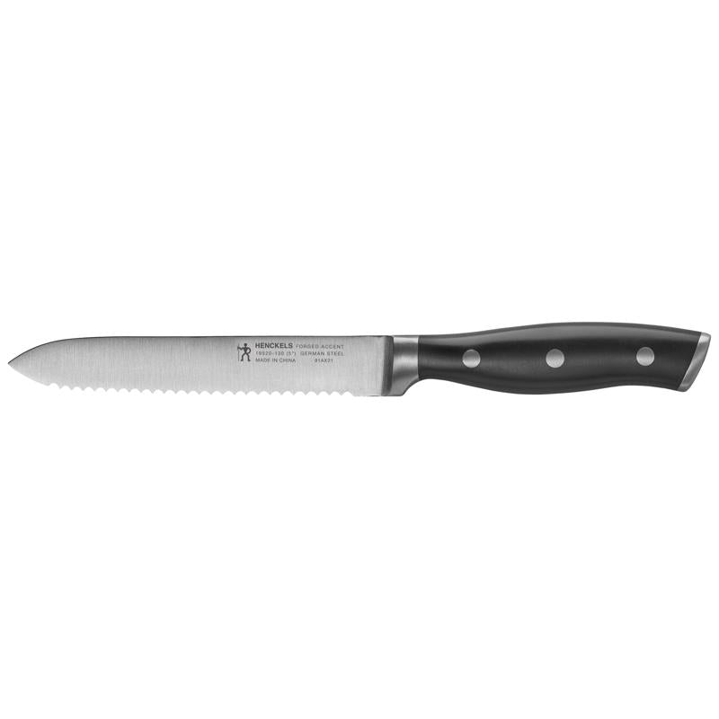 HENCKELS Forged Accent Razor-Sharp 5-inch Serrated Utility Knife, Tomato Knife, German Engineered Informed by 100+ Years of Mastery,Black