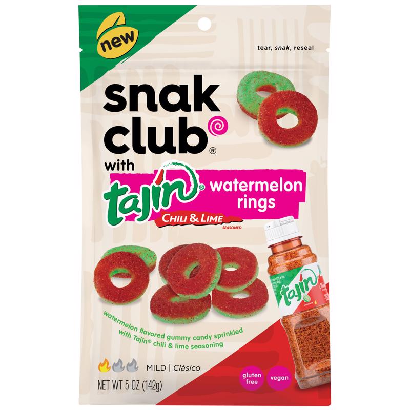 Snak Club Tajin Watermelon Rings Gummy Candy, Fruit Candy Gummies with Chili and Lime Seasoning, Mild, Gluten-Free and Vegan Snacks, 5 oz Resealable Bags, 6 Pack
