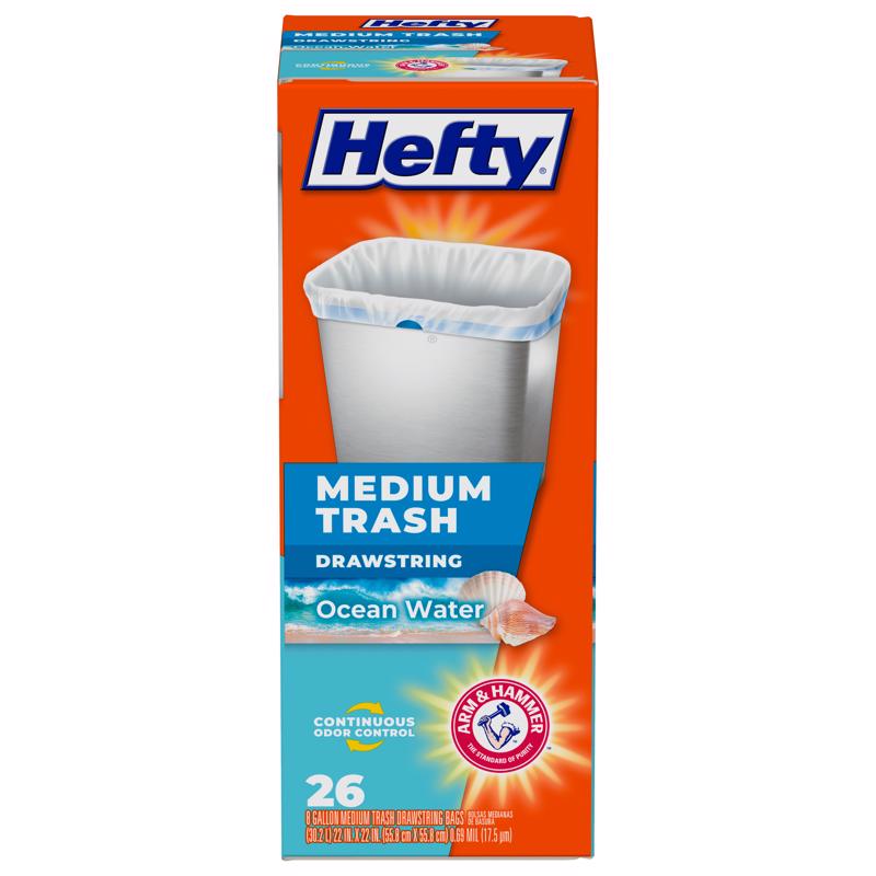 Hefty Medium Trash Bags, 8 Gallon, Ocean Water Scented Garbage Bags with Drawstring Closure, White, 26 Count