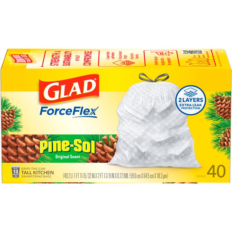 Glad ForceFlex Tall Kitchen Trash Bags, 13 Gallon, Pine-Sol Original, 40 Count (Package May Vary)