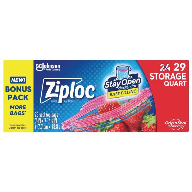 Ziploc Quart Food Storage Bags, Stand-Up Bottom, Easy to Fill, 29 Count