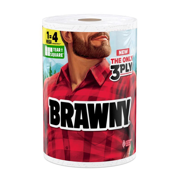 Brawny Tear-A-Square 3-Ply Paper Towels, 1 Mega Roll = 2 Regular Rolls, Strong, Absorbent, and Durable with 3 Sheet Sizes (Quarter, Half, Full) 44672