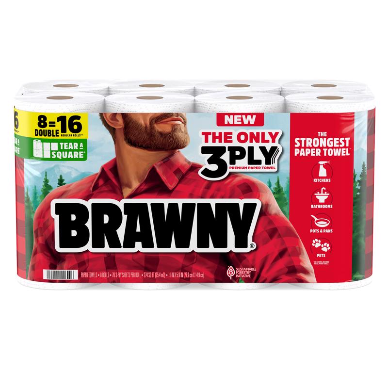 Brawny Tear-A-Square 3-Ply Paper Towels, 8 Double Rolls = 16 Regular Rolls, Strong, Absorbent, and Durable with 3 Sheet Sizes (Quarter, Half, Full) 446005