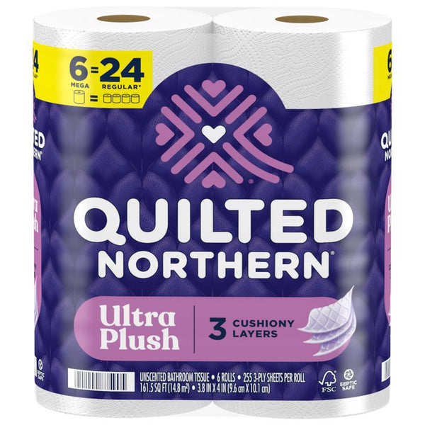 Quilted Northern Ultra Plush Toilet Paper, 6 Mega Rolls = 24 Regular Rolls, 3X Thicker*, 3 Ply Soft Toilet Tissue 87590