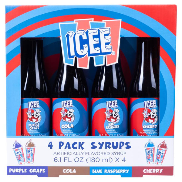 Fizz Creations ICEE 4 Pack Slushie Syrup. Genuine ICEE Shaved Ice Snow Cone Syrups including Purple Grape, Cola, Blue Raspberry and Cherry Flavors. 4 x 6.1floz. Perfect For Snow Cones, Slushies, Sodas & Ice Pops. 300013