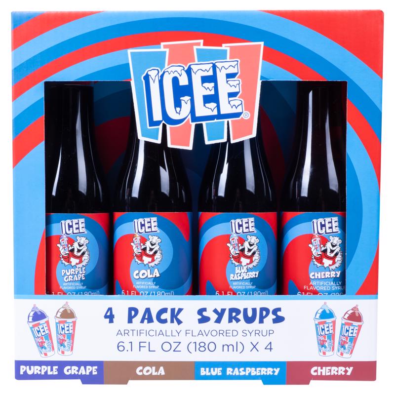 ICEE 4 Pack Slushie Syrup. Genuine ICEE Shaved Ice Snow Cone Syrups including Purple Grape, Cola, Blue Raspberry and Cherry Flavors. 4 x 6.1floz. Perfect For Snow Cones, Slushies, Sodas & Ice Pops.