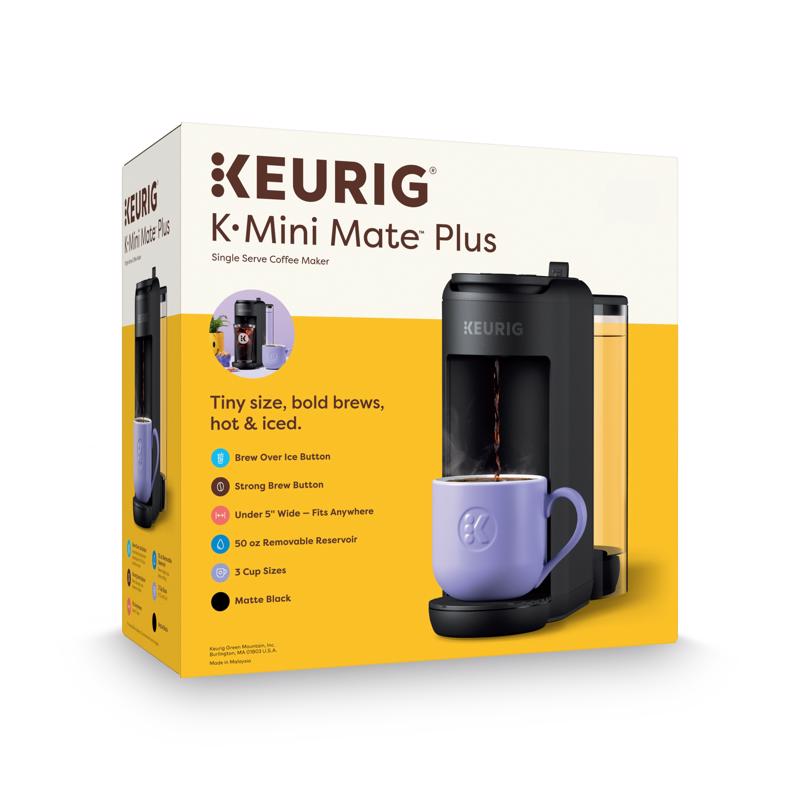 Keurig K-Mini Mate Plus Single-Serve K-Cup Pod Coffee Maker, Compact, 3 Cup Sizes, Brew Over Ice and Strong Button Features, 50 oz Removable Reservoir, Matte Black
