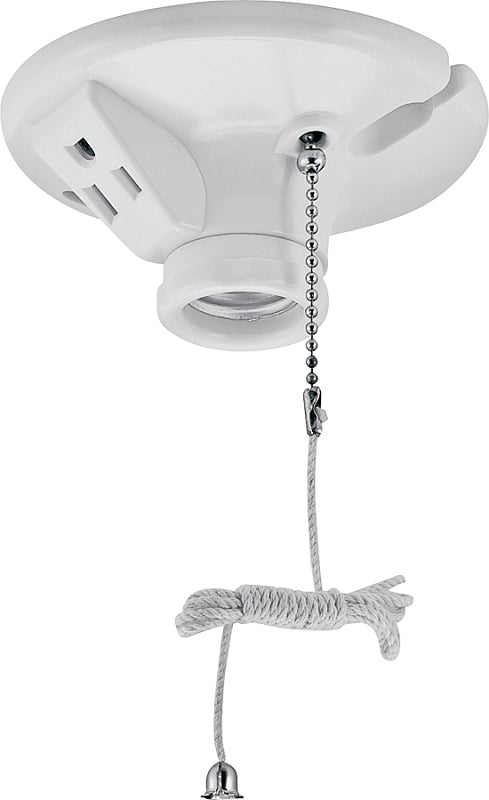 EATON Wiring S865W-SP-L 660-Watt, 250-Volt Two Piece Plastic Ceiling Receptacle Lamp Holder with Pull Chain and Outlet, White