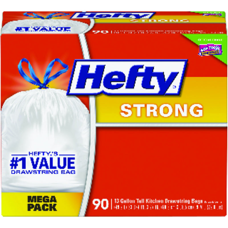 Hefty Kitchen Drawstring Bags, 13 Gal, 0.9 Mil, White, 90/Box