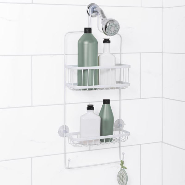 Zenna Home Shower Showerhead Caddy, 2 Shelves and Towel Bar, White 7617WW