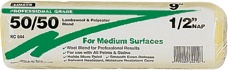Linzer RC 644 0900 50/50 Paint Roller, 1/2 in Nap, 9 in L, Lamsbwool/Polyester Cover, 9" x
