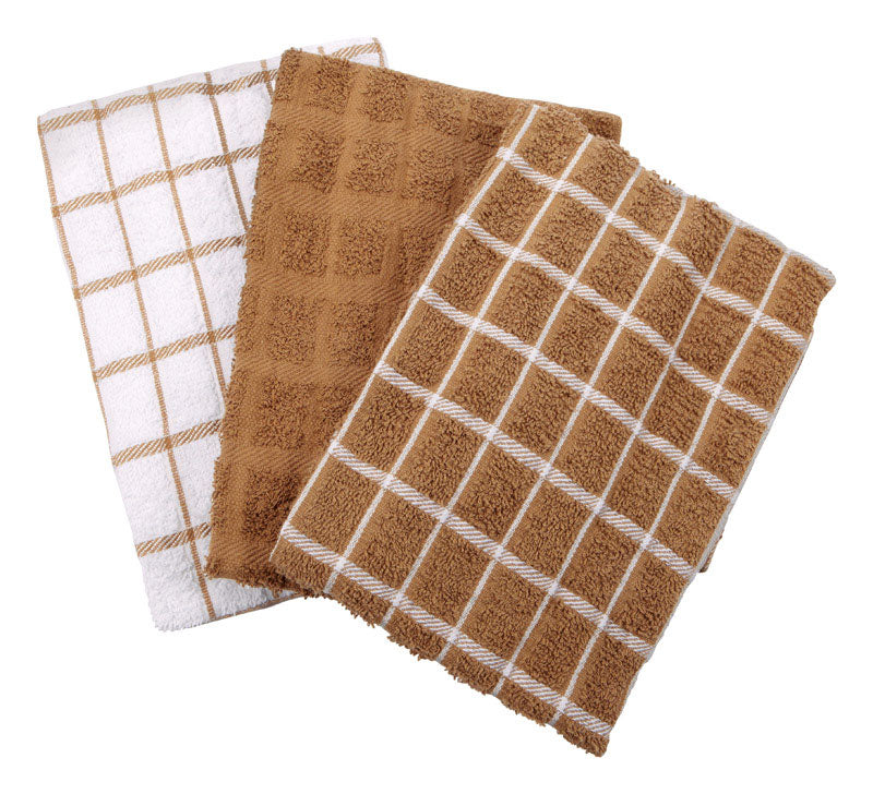 Ritz Premium 100% Cotton Terry Check Kitchen Dish Towels - Highly Absorbent, Super Soft, Long-Lasting, 25"x15", 3-Pack, Mocha