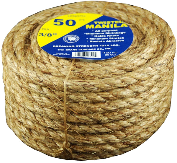 T.W Evans Cordage Co. Wellington 28768 Mini Coil Twisted Rope, 3/8 in Dia x 50' L, 122 Lb, Manila, Natural (Model: 26-002)