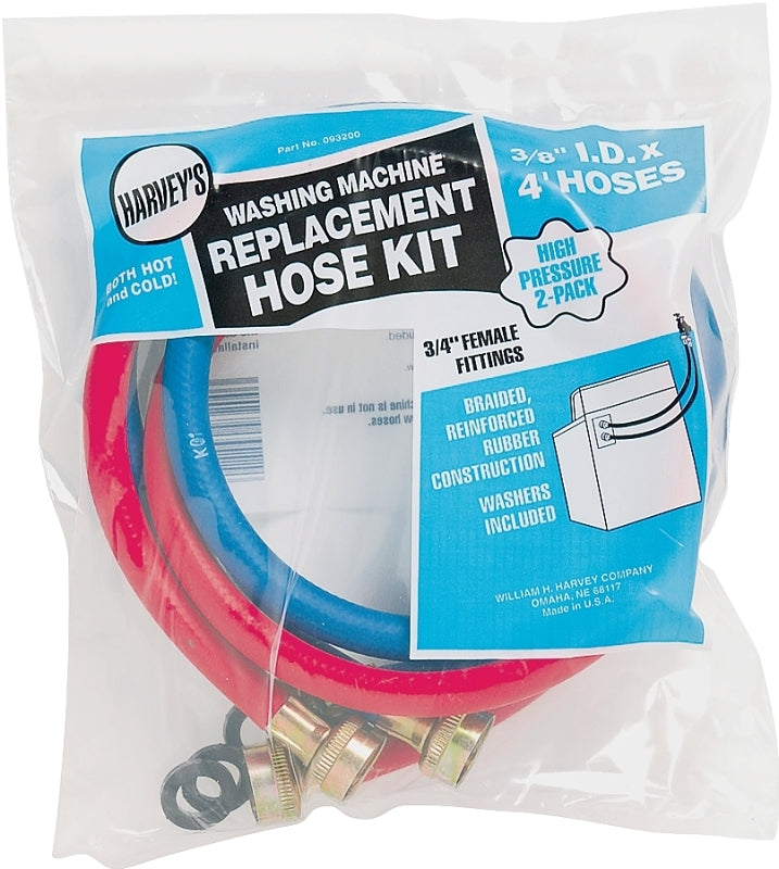 Harvey 93200 0 Washing Machine Hose with Fitting Washers, 3/4 in X 4 Ft, Female, Epdm Rubber, Red and Blue