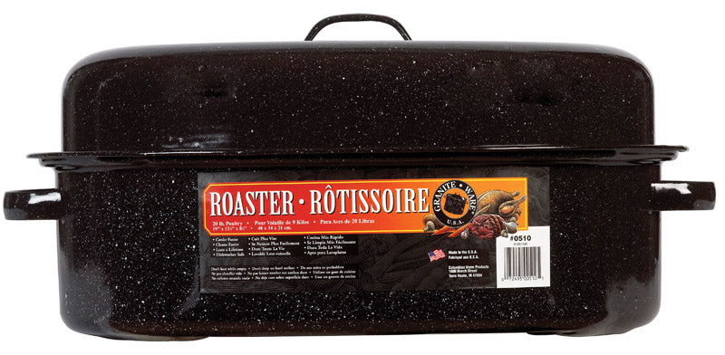 Granite Ware 19 inch oval roaster with Lid design to accommodate up to 20 lb poultry/roast. Resists up to 932°F