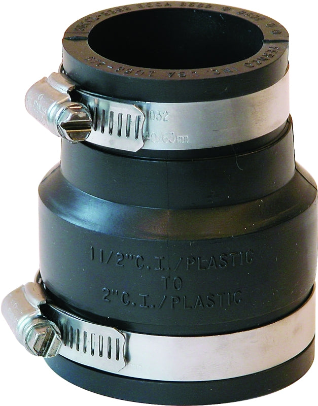Fernco 1056-215 Cast Iron, Plastic and Steel Pipe Flexible Coupling Connector Sewer and Drain Coupler Adapter 2" X 1.5" Black P1056-215