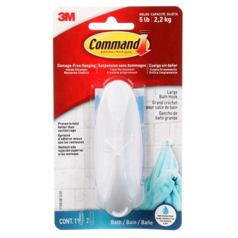 Command Designer Bath Hook, Large, White, 1-Hook with Water-Resistant Strips (17083B-ES), Organize Damage-Free