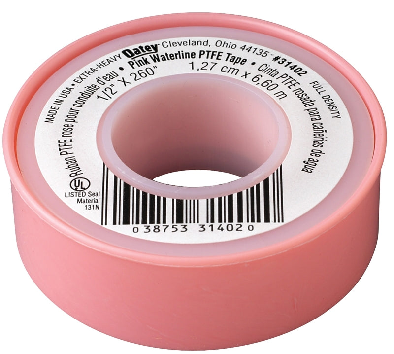 Oatey 31402D Water-Line Thread Seal Tape, 260 In L X 1/2 In W, 0.003 In T, Ptfe Backing, Pink, -450 To 500 Deg F, 1/2-Inch x 260-Inch