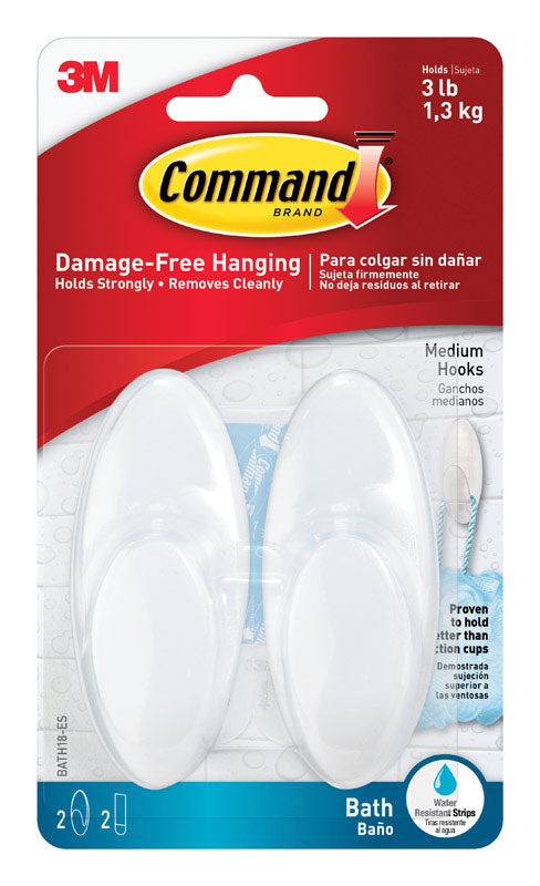 Command Bath Hook, Medium, Clear Frosted, 2-Hooks, 2-Medium Water Resistant Strips (BATH18-ES)
