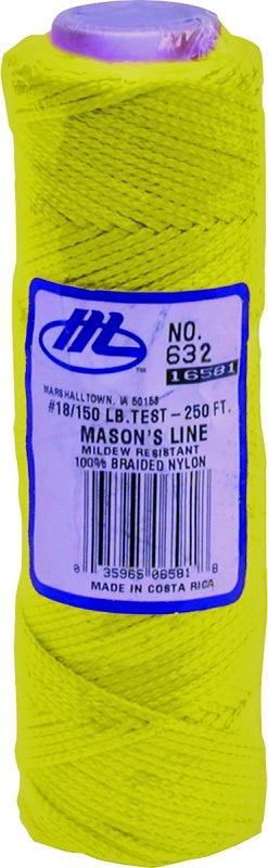 MARSHALLTOWN Mason's Line, 18 Line Size, Braided Nylon Mason's Line with Fluorescent Yellow Color, 250 Foot Length, 6 Inch Core Size, 632