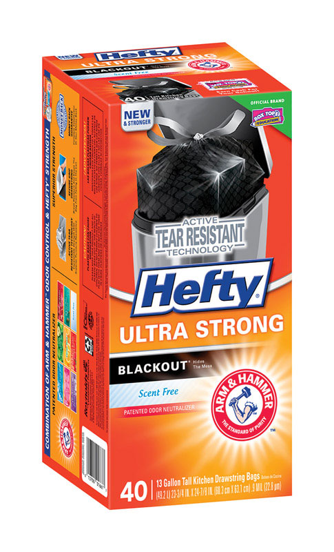Hefty Ultra Strong 13 Gallon Trash Bags, Black Tall Kitchen Trash Bags 13 Gallon Size, Break Resistant Drawstring Enclosure, Continuous Odor Control, Blackout, Unscented, 40 Bags