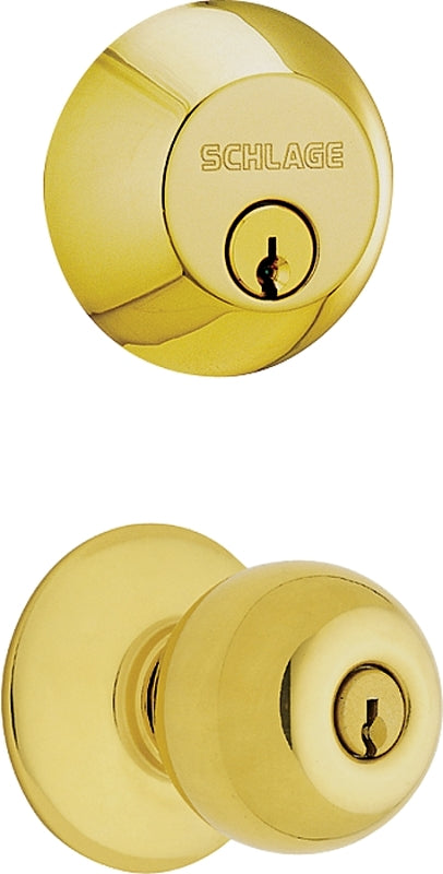Schlage FB50NPLY605 Bright Brass Plymouth Keyed Knob Front Entry Set FB50NVPLY505