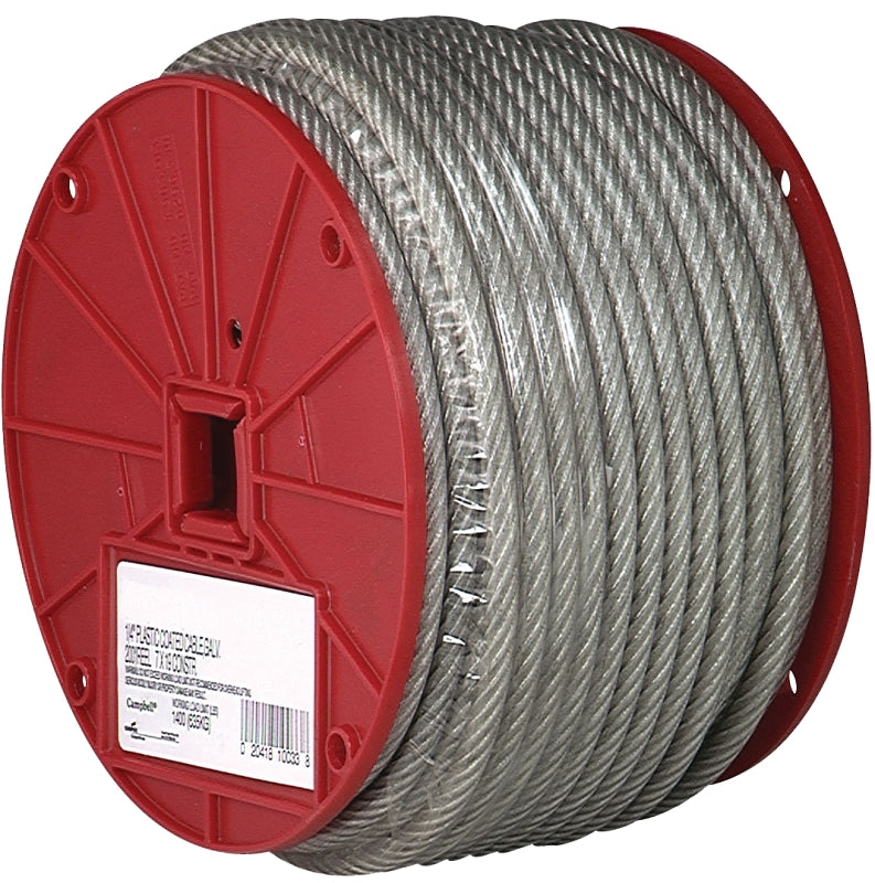 Galvanized Steel Wire Rope, Vinyl Coated, 7x7 Strand Core, 3/32" Bare OD, 3/16" Coated OD, 250' Length, 184 lbs Breaking Strength