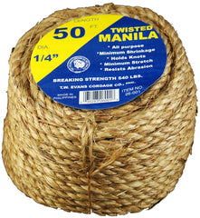 T.W . Evans Cordage Co. Wellington 28764 Twisted Rope, 1/4 in Dia x 50 ft L, 54 lb., Manila Fiber, Natural 26-001