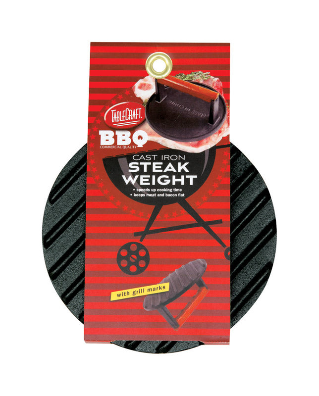 TableCraft BBQ Coated Cast Iron 7-Inch Round Steak Weight with Wood Handle, Small, Black