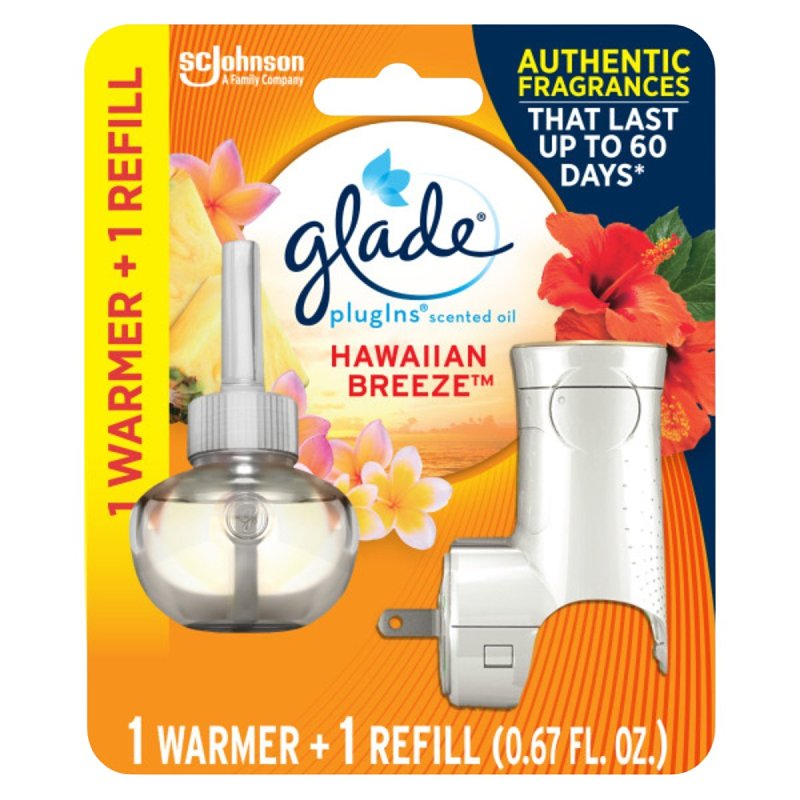Glade PlugIns Refills Air Freshener Starter Kit, Hawaiian Breeze, Scented and Essential Oils for Home and Bathroom, 0.67 Fl Oz, 1 Warmer + 1 Refill