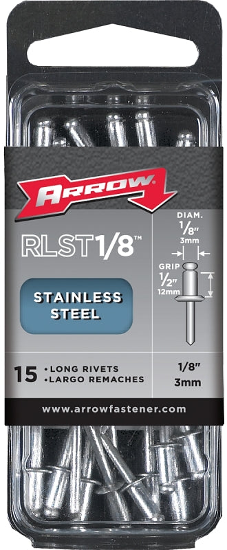 Arrow RLST1/8 Long Stainless Steel 1/8-Inch Pop Rivets For Metal, Fabric, Leather, And Auto Repair, 15-Pack