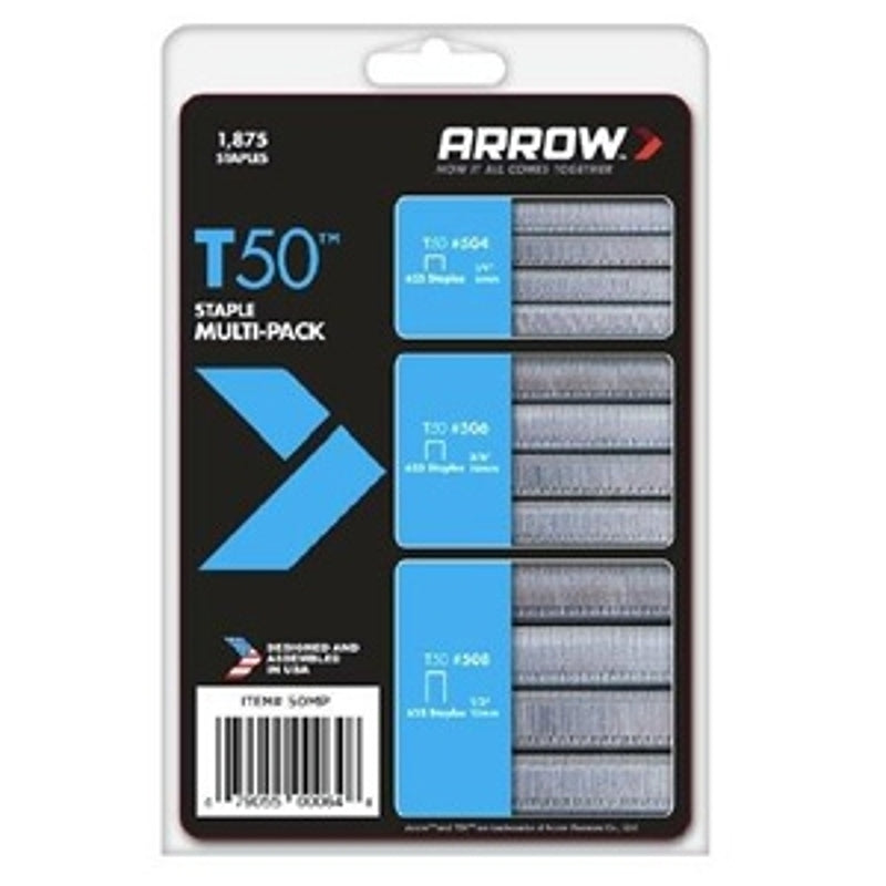 ARROW 50MP Heavy Duty T50 Staples Multipack, For Upholstery, Crafts, General Repairs, Includes 1/4-Inch, 3/8-Inch and 1/2-Inch Sizes, 3/8-Inch Crown Size,1875-Pack