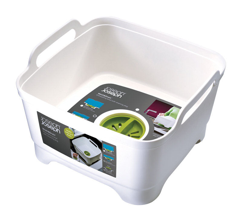 Joseph Joseph Wash & Drain Kitchen Dish Tub Wash Basin with Handles and Draining Plug, 9 liters, White