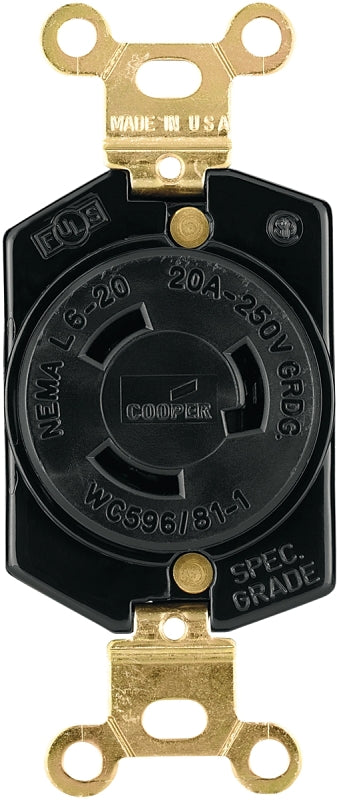 EATON L620R Hard Cw Ground Lock Single Electrical Receptacle, 250 Vac, 20 A, 2 Pole, 3 Wire, Black And White