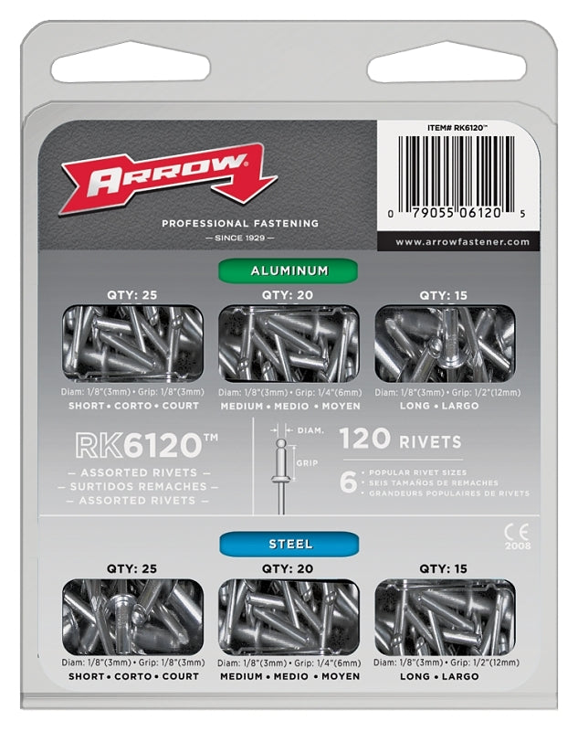 Arrow RK6120 Pop Rivet Assortment Kit for Metal, Fabric, Leather, and Auto Repair, Aluminum and Steel, 1/8-Inch, 120-Pack
